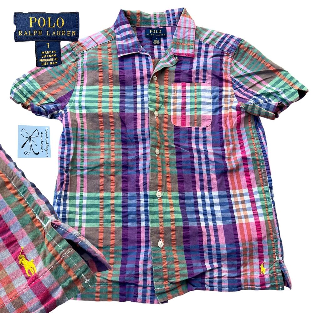 Polo Ralph Lauren 100% Cotton Madras Plaid Polo Button-Up Shirt Kids Sz 7